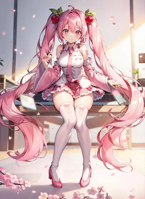 Anime girl with pink hair and rabbit ears with a pink leotard, pink eyes, shy blush,uncovered legs,uncovered thighs.full body, barefoot, feet,