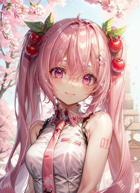 ((best quality)), ((highly detailed)), masterpiece, absurdres, (detailed eyes, deep eyes), <lora:more_details:.2>, (1girl), upper body, <lora:hairdetailer:.8>, <lora:HatsuneMikuSakura:1> Hatsune Miku, Cherry Blossom Miku, very long hair, pink hair, pink eyes, smiling, cherry, cherry blossoms, (in a church, dawn)