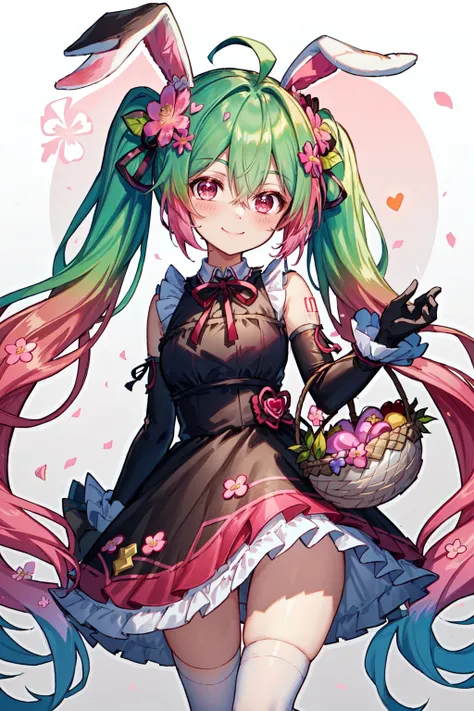 Hatsune Miku, 1girl, ahoge, bangs, basket, black ribbon, blush, cherry blossoms, chibi, closed mouth, dress, flower, frilled dress, frills, full body, gradient hair, green hair, hair between eyes, hair flower, hair ornament, hair ribbon, heart, holding, holding basket, long hair, long sleeves, looking at viewer, multicolored hair, musical note, musical note hair ornament, pink flower, pink hair, rabbit, red eyes, ribbon, smile, socks, solo, standing, twintails, very long hair, white background <lora:MikuV2:1>