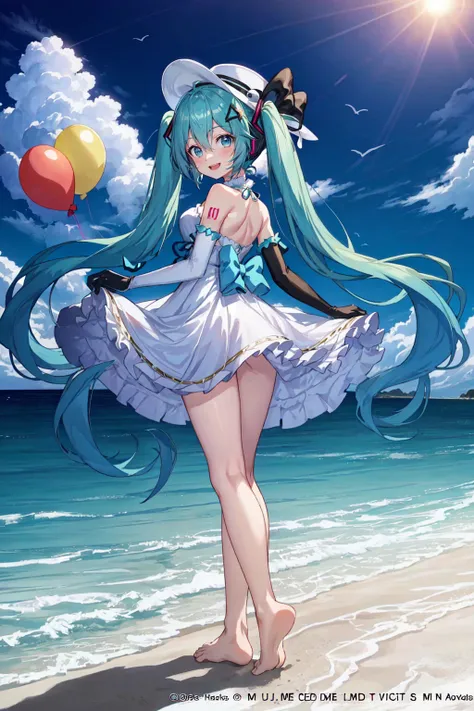 Hatsune Miku, 1girl, aqua eyes, aqua hair, balloon, bangs, bare arms, bare legs, bare shoulders, barefoot, beach, blue eyes, blue hair, blue sky, bow, cloud, day, dress, from behind, full body, hair between eyes, hand on headwear, hat, long hair, looking at viewer, looking back, ocean, open mouth, outdoors, sand, skirt hold, sky, sleeveless, sleeveless dress, smile, solo, standing, sun hat, sundress, twintails, very long hair, white dress, white headwear <lora:MikuV2:1>