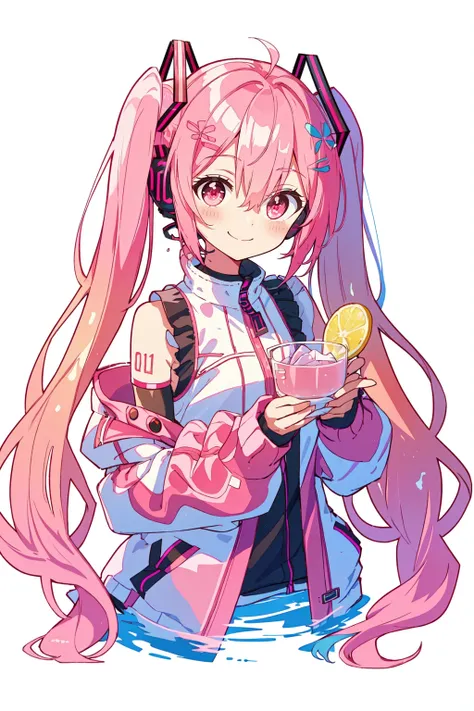 Hatsune Miku, 1girl, pink eyes, pink hair, bangs, cup, full body, hair between eyes, headphones, ice cube, in container, in cup, jacket, long hair, long sleeves, partially submerged, see-through, shoes, simple background, sneakers, socks, solo, submerged, twintails, very long hair, water, white background, white footwear, pink theme<lora:MikuV2:1>