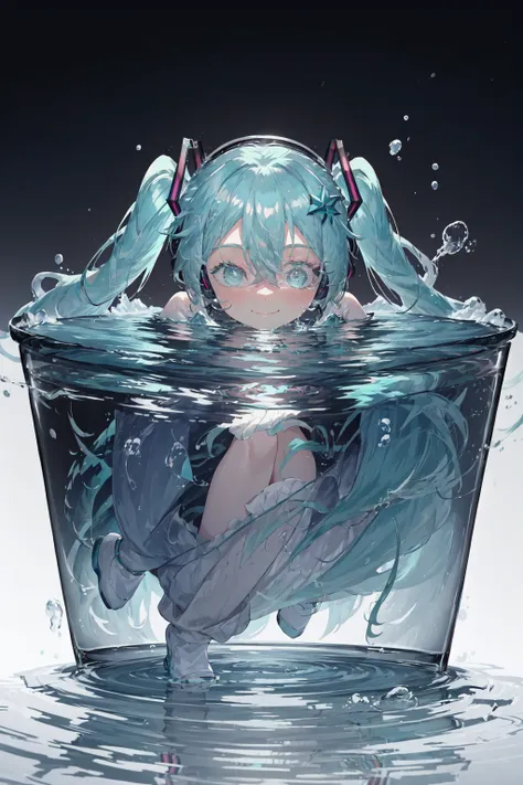 (extremely detailed fine touch:1.3), 1 giril, nude,cover up one's chest,full body, (((under-rimmed glasses:1.3))), (headphones:1.3),connected by cables and tubes throughout the body, in a glass capsule surrounded by sparkling blue water
