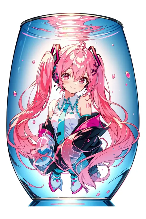 Hatsune Miku, 1girl, pink eyes, pink hair, bangs, cup, full body, hair between eyes, headphones, in tank, behind glass, Miku's stuck in a glass container, jacket, long hair, long sleeves, partially submerged, see-through, shoes, simple background, water, gossamer, studio anime, RAW, sneakers, socks, solo, submerged, twintails, very long hair, water, white background, white footwear, pink theme, <lora:MikuV2:1>