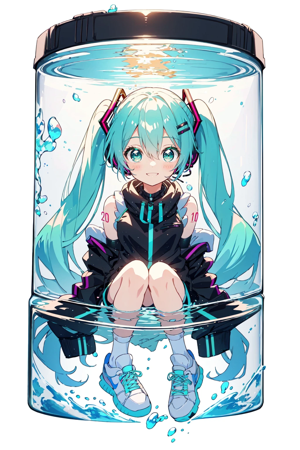 Hatsune Miku, 1girl, aqua eyes, aqua hair, bangs, cup, full body, hair between eyes, headphones, ice cube, in container, in cup, jacket, long hair, long sleeves, partially submerged, see-through, shoes, simple background, sneakers, socks, solo, submerged, twintails, very long hair, water, white background, white footwear, <lora:MikuV2:1>