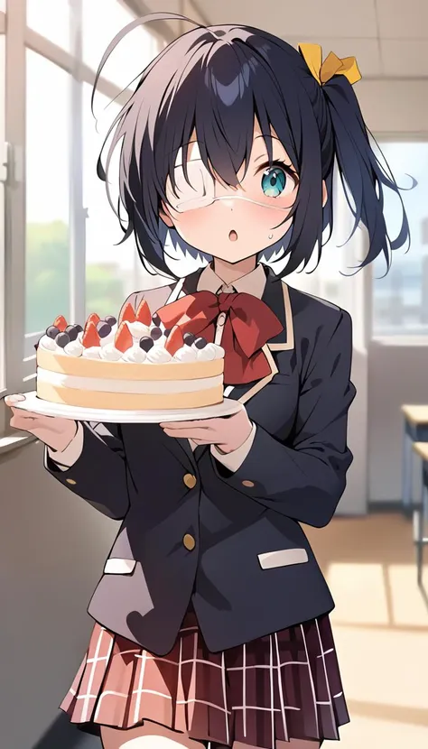 <lora:rikkasdxlV33:0.8>, masterpiece, best quality, absurdres, 1girl, rikka, yellow ornament, school uniform, plaid skirt, blazer,  red bow, black thighhighs, cowboyshot, school background, :o, holding cake, happy