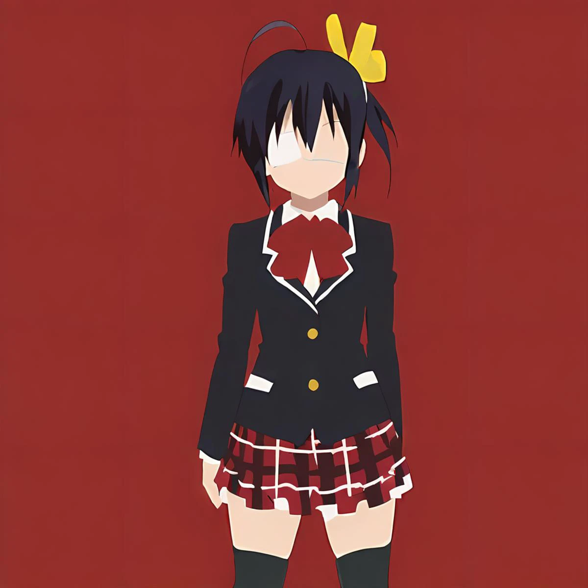masterpiece, flat style, 1girl, rikka, school uniform, plaid skirt, blazer, red bow, black thighhighs, yellow ornament, standing, red background, <lora:minimalist_flat_style_SDXL-000008:0.8> <lora:rikkasdxlV33:0.8>