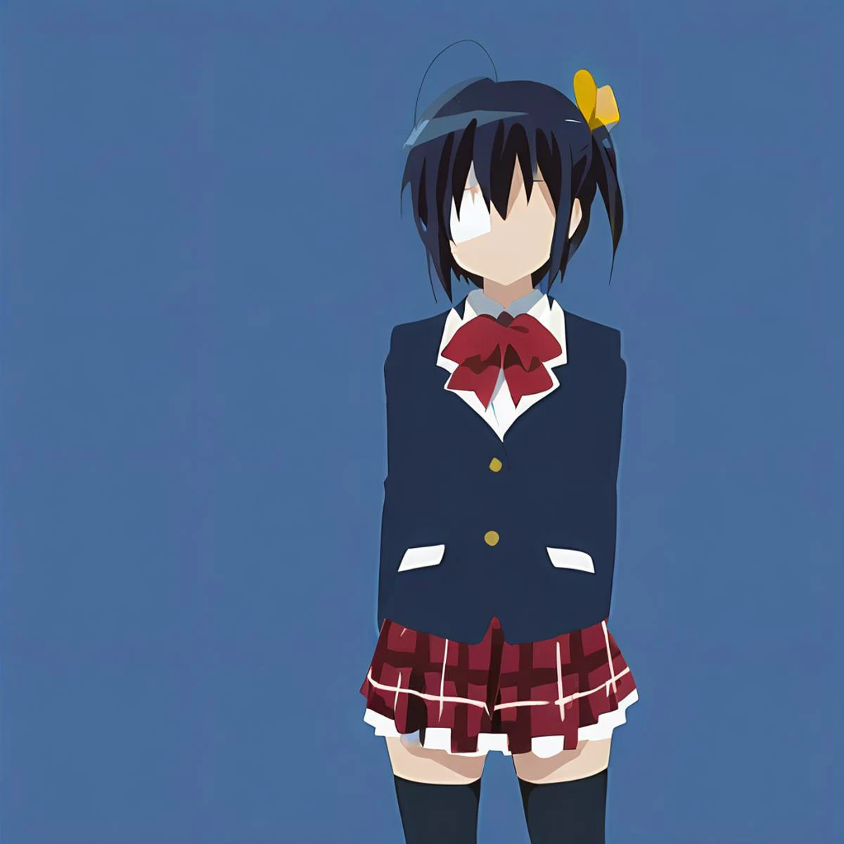 masterpiece, flat style, 1girl, rikka, school uniform, plaid skirt, blazer, red bow, black thighhighs, yellow ornament, standing, blue background, <lora:minimalist_flat_style_SDXL-000008:0.7> <lora:rikkasdxlV33:0.8>