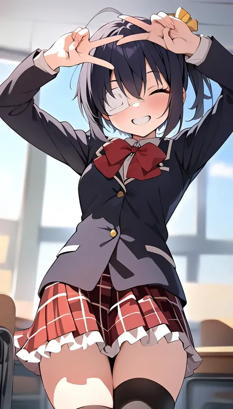 <lora:rikkasdxlV33:0.8>, masterpiece, best quality, absurdres, 1girl, rikka, yellow ornament, school uniform, plaid skirt, blazer, red bow, black thighhighs, school background, happy, v over head, foreshortening, one arm up