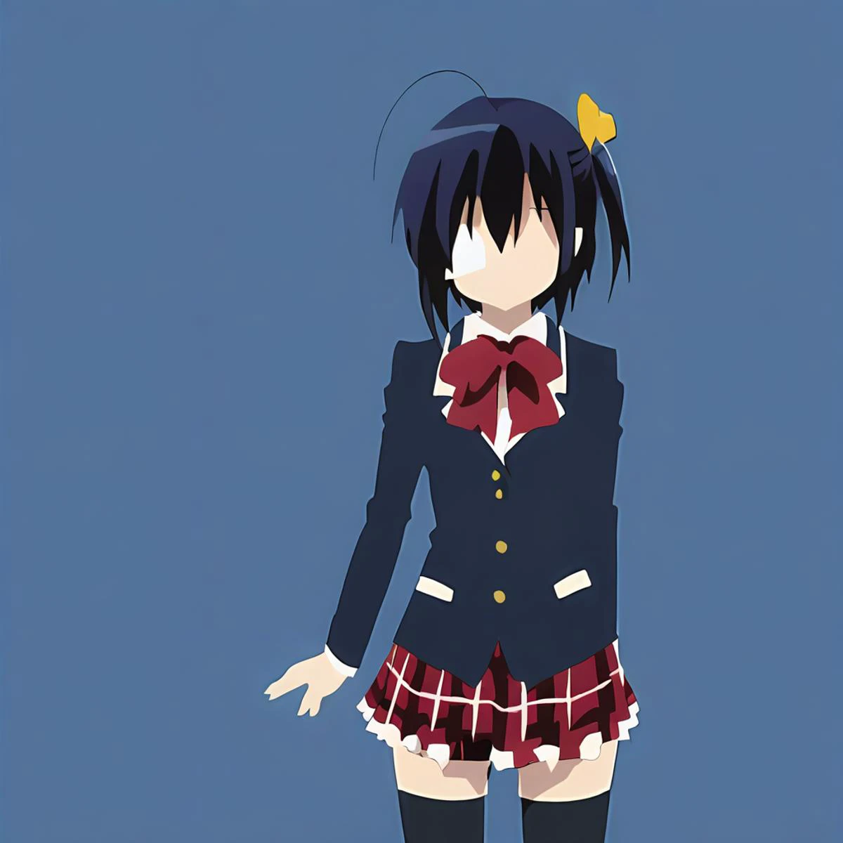 masterpiece, flat style, 1girl, rikka, school uniform, plaid skirt, blazer, red bow, black thighhighs, yellow ornament, standing, blue background, <lora:minimalist_flat_style_SDXL-000005:0.8> <lora:rikkasdxlV33:0.8>
