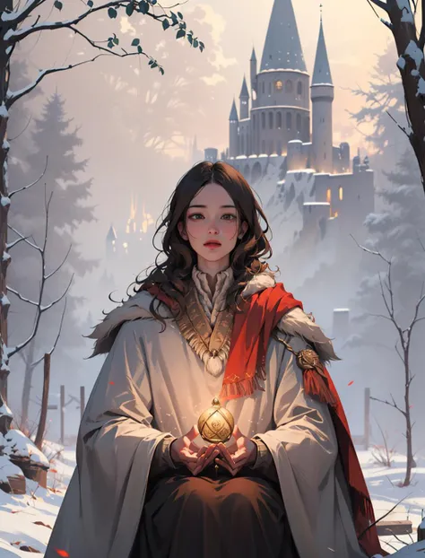 looking up, solo, half shot, detailed background, detailed face, ( magic_circle, Rune_Magic theme:1.1), hogwarts student, (gryffindor :1.1), scarf, robe, cloak, (style-swirlmagic:1.0), casting spell, magical forest in background, cinematic atmosphere, moonlit night, <lora:snowlight:1>,