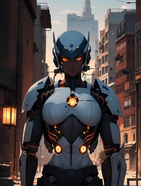 portrait, solo, half shot, looking at viewer, detailed background, detailed face, (<lora:BiophyllTech:0.6>, fully-organic, bioluminescent, BiophyllTech theme:1.1), android, cyborg, mechanical limbs,  wires,   dynamic pose, emotionless,  augmented reality, steel,  nanotechnology,  robotics,  gadgets, powered by fusion,  particle effects,    reflections, neon colors, futuristic cityscape in background, epic atmosphere, <lora:snowlight:1>