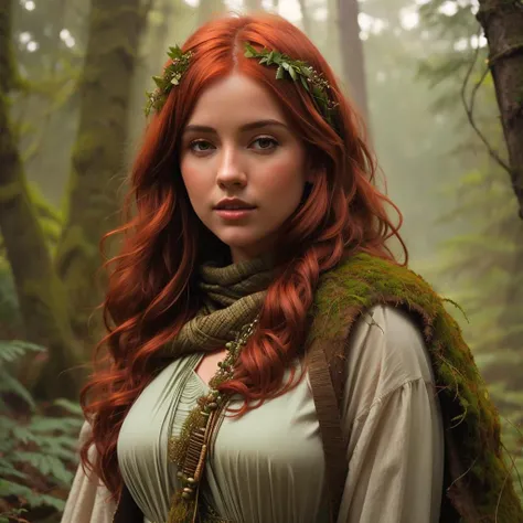 young woman wearing clothes made of moss and tree bark and flowers and fern, red hair, erotic, healthy, seductive, irish, folklore, mythology, celtic, realistic, photorealistic, beautiful, sidhe, goddess, shy, <lora:snowlight:1>