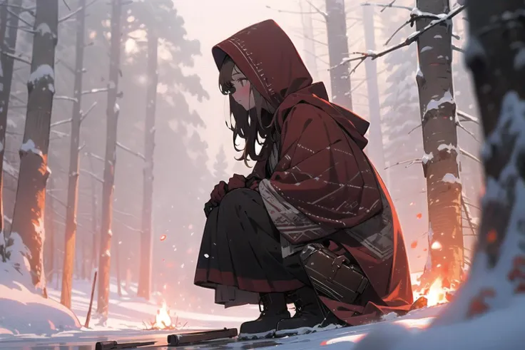 1girl, solo, snow, long hair, hood, fire, outdoors, brown hair, boots, snowing, from side, tree, suitcase, cloak, blurry, hood up, forest, gloves, nature, brown eyes, red gloves, squatting, closed mouth, hooded cloak, winter, depth of field, black footwear, red cloak
<lora:snowlight-000007:1>
