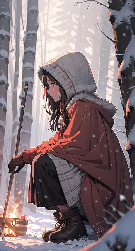 1girl, solo, snow, long hair, hood, fire, outdoors, brown hair, boots, snowing, from side, tree, suitcase, cloak, blurry, hood up, forest, gloves, nature, brown eyes, red gloves, squatting, closed mouth, hooded cloak, winter, depth of field, black footwear, red cloak
<lora:snowlight-000007:1>
