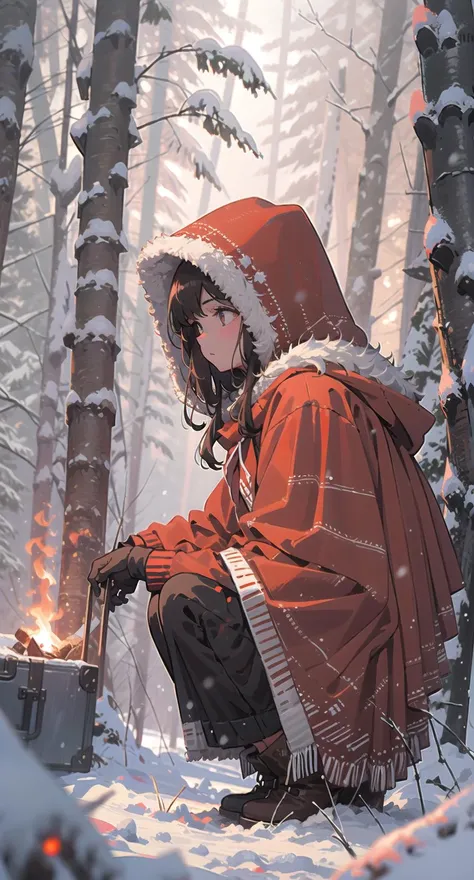 1girl, solo, snow, long hair, hood, fire, outdoors, brown hair, boots, snowing, from side, tree, suitcase, cloak, blurry, hood up, forest, gloves, nature, brown eyes, red gloves, squatting, closed mouth, hooded cloak, winter, depth of field, black footwear, red cloak
<lora:snowlight-000007:1>