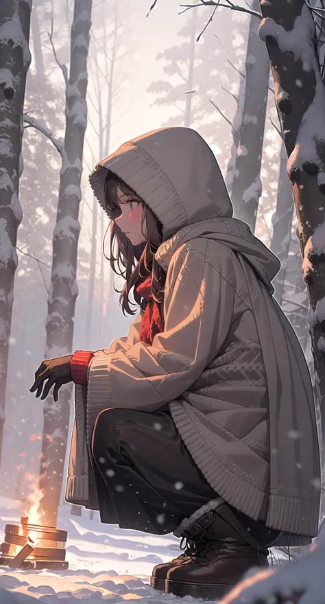 1girl, solo, snow, long hair, hood, fire, outdoors, brown hair, boots, snowing, from side, tree, suitcase, cloak, blurry, hood up, forest, gloves, nature, brown eyes, red gloves, squatting, closed mouth, hooded cloak, winter, depth of field, black footwear, red cloak
<lora:snowlight-000007:1>