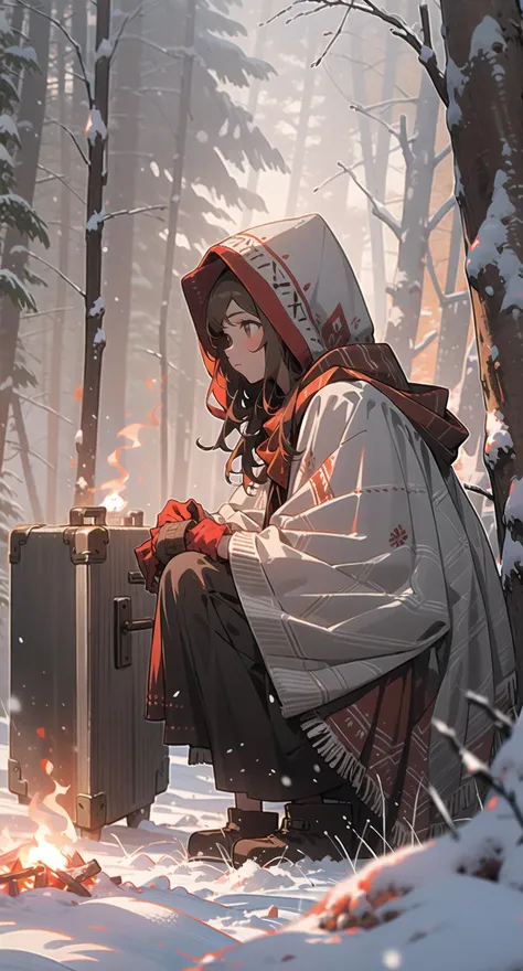 1girl, solo, snow, long hair, hood, fire, outdoors, brown hair, boots, snowing, from side, tree, suitcase, cloak, blurry, hood up, forest, gloves, nature, brown eyes, red gloves, squatting, closed mouth, hooded cloak, winter, depth of field, black footwear, red cloak
<lora:snowlight-000007:1>