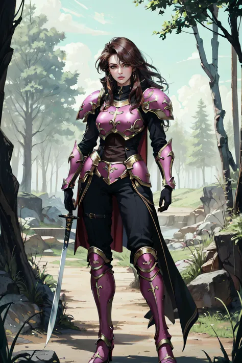 (masterpiece, best quality, ultra detailed, absurdres:1.5), 1girl, (sexy, beautiful woman, perfect face, perfect eyes, perfect female body:1.5), (sheena, armor, pants, gauntlets, armored boots, cape, high heels, shoulder armor, breastplate, pauldrons, greaves, gloves, pink footwear, faulds, holding sword, holding shield, <lora:sheenaV1-000009:0.8>), (standing, outdoors, forest), perfect lighting, smooth, hdr