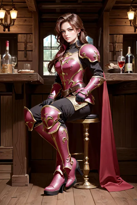 (masterpiece, best quality, ultra detailed, absurdres:1.5), 1girl, (sexy, beautiful woman, perfect face, perfect eyes, perfect female body:1.5), (sheena, armor, pants, gauntlets, armored boots, cape, high heels, shoulder armor, breastplate, pauldrons, greaves, gloves, pink footwear, faulds, <lora:sheenaV1-000009:0.8>), (sitting, on barstool, indoors, medieval tavern), perfect lighting, smooth, hdr