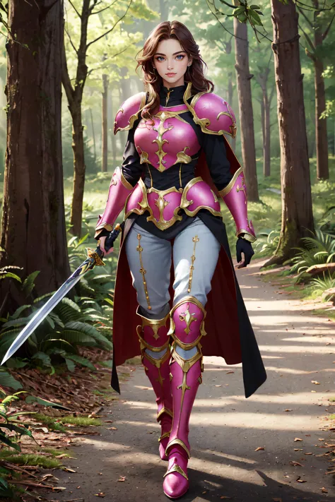 (masterpiece, best quality, ultra detailed, absurdres:1.5), 1girl, (sexy, beautiful woman, perfect face, perfect eyes, perfect female body:1.5), (sheena, armor, pants, gauntlets, armored boots, cape, high heels, shoulder armor, breastplate, pauldrons, greaves, gloves, pink footwear, faulds, holding sword, holding shield, <lora:sheenaV1-000009:0.8>), (standing, outdoors, forest), perfect lighting, smooth, hdr