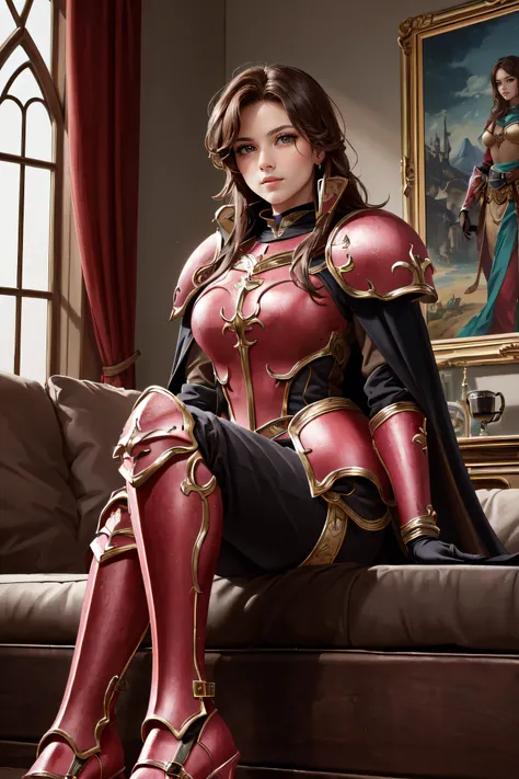 (masterpiece, best quality, ultra detailed, absurdres:1.5), 1girl, (sexy, beautiful woman, perfect face, perfect eyes, perfect female body:1.5), (sheena, armor, pants, gauntlets, armored boots, cape, high heels, shoulder armor, breastplate, pauldrons, greaves, gloves, pink footwear, faulds, <lora:sheenaV1-000009:0.8>), (sitting, on couch, indoors, medieval castle), perfect lighting, smooth, hdr