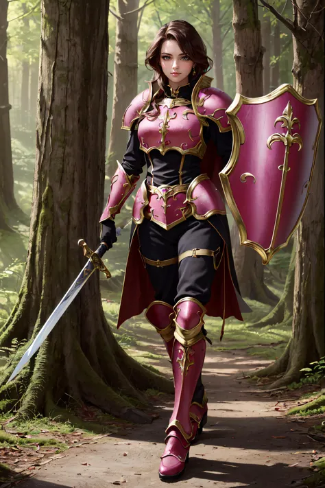 (masterpiece, best quality, ultra detailed, absurdres:1.5), 1girl, (sexy, beautiful woman, perfect face, perfect eyes, perfect female body:1.5), (sheena, armor, pants, gauntlets, armored boots, cape, high heels, shoulder armor, breastplate, pauldrons, greaves, gloves, pink footwear, faulds, holding sword, holding shield, <lora:sheenaV1-000009:0.8>), (standing, outdoors, forest), perfect lighting, smooth, hdr