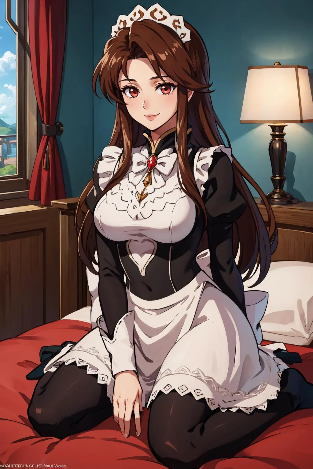 masterpiece, best quality, <lora:sheenaV1-000009:0.9> sheena, <lora:FEFatesMaid_v1:0.8> fates maid, large breasts, smile, bedroom, wariza