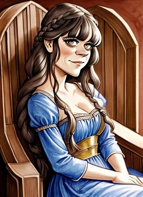 bautiful woman, solo, medieval queen that looks like zooey deschanel, braided hair, make up, corsett, she is in a throne, caricatrix <lora:Caricatrix:0.7>
