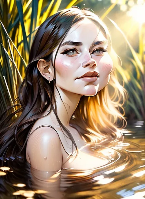 close up portrait of a cute woman bathing in a river, reeds, (backlighting), realistic, masterpiece, highest quality, lens flare, shade, bloom, [[chromatic aberration]], by Jeremy Lipking, by Antonio J. Manzanedo, digital painting, caricatrix  <lora:Caricatrix:0.8>