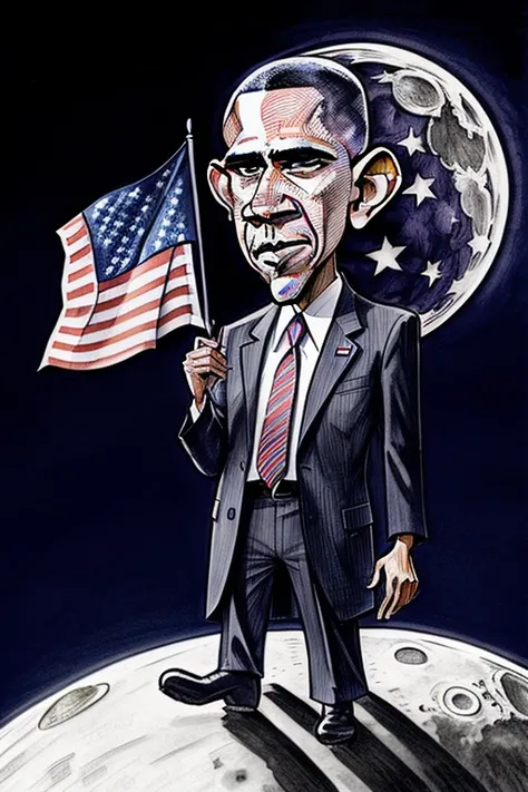 Obama, president, he is holding the USA flag in the moon, caricatrix  <lora:Caricatrix:0.8>