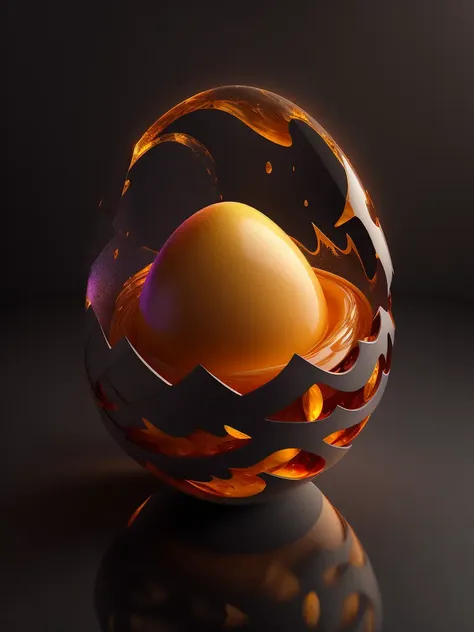 there is a large egg with a hole in it on a dark surface, 3d digital art 4k, cinema 4d bright light render, cinema 4 d art, 3d render digital art, humpty dumpty in form of egg, digital art render, high-quality render, magic frozen ice phoenix egg, cinema 4 d render, cinema 4d render, white background, color slash, aint hexagonal inlets forming a great mesh out the edges a striated swirling fabric of ice that prunes into a lush plateau, lit by flashes of plasma coming from (amber:1.19) and magnight, extreme contrast, concept art, 8k award winning 3d render
