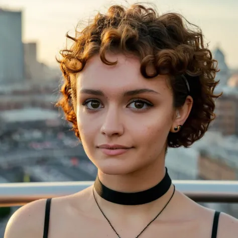(Skin Texture, pores, natural,iPhone,RAW)), natural lighting, Highest Quality closeup Portrait photo of a woman with short curly hair,black thin choker, clear lipgloss, Nikon Z9, realistic matte skin, blurry city in the background, 8K, whole face, <lora:olcooke_xl_1_standard_wo_cap-000060:1>
