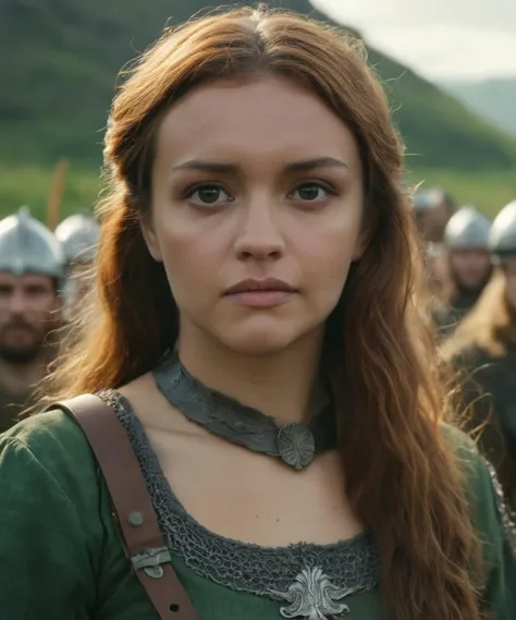 closeup cinematic head and shoulder portrait,beautiful woman is a Viking warrior in the battlefield standing next to her army,wearing a green dress,kubrick_stare,long beautiful brown hair,medieval times,atmospheric haze,cinematic still,high quality photography,mirrorless camera,dynamic lighting,movie screencap,moody,film,4k resolution,4k textures,<lora:olcooke_xl_1_standard_wo_cap:0.9>,