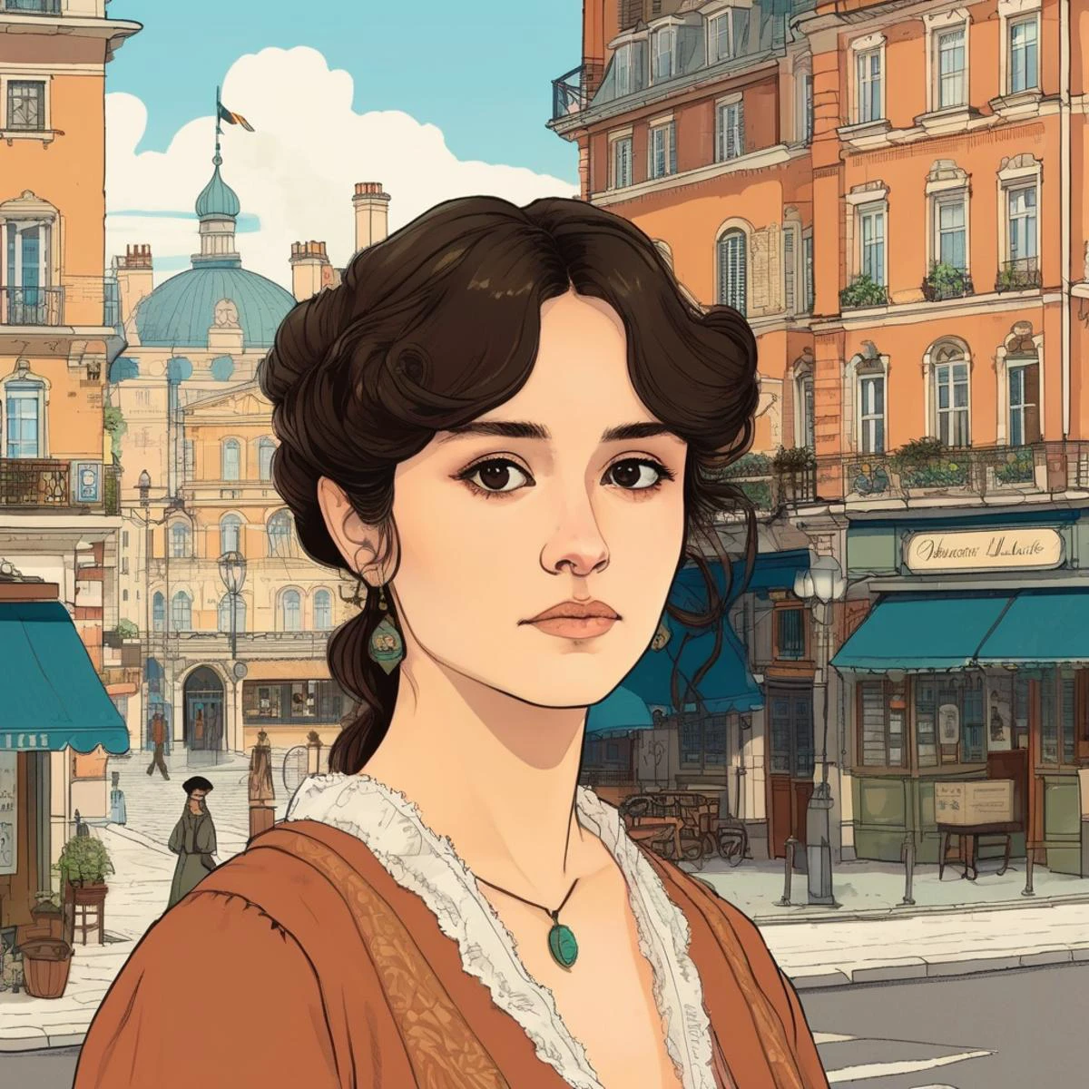 Studio ghibli style illustration of the face of a woman looking at the viewer with a victorian city square in the background, olxcke, <lora:olcooke_juggerX_xl_1_st_wocap_merger_97_99_66_028_042_03-olxcke:1>