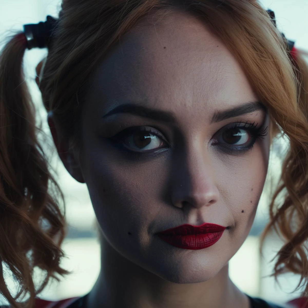 High res closeup portrait photo of an actress dressed as Harley Quinn, f /2.8, Canon, 85mm,cinematic, high quality, skin texture, looking at the camera, olxcke, <lora:olcooke_juggerX_xl_1_st_wocap_merger_97_99_66_028_042_03-olxcke:1>