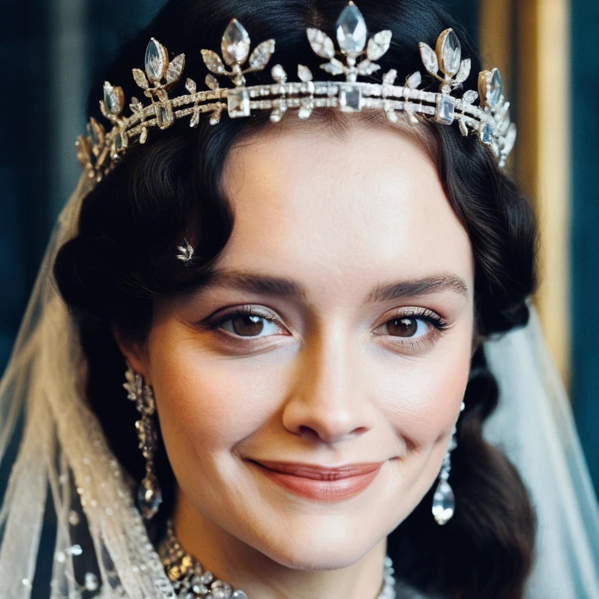 (Skin texture),High quality,Closeup face portrait photo, analog, film grain, actress dressed as a medieval queen with a delicate diamond tiara,regal, bright smile, olxcke, <lora:olcooke_juggerX_xl_1_st_wocap_merger_97_99_66_028_042_03-olxcke:1>