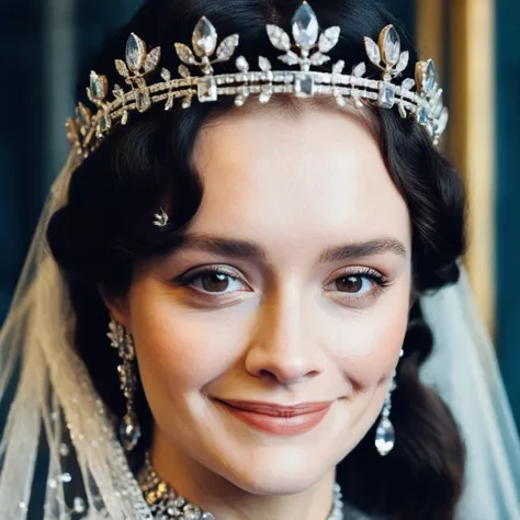 (Skin texture),High quality,Closeup face portrait photo, analog, film grain, actress dressed as a medieval queen with a delicate diamond tiara,regal, bright smile, olxcke,  <lora:olcooke_juggerX_xl_1_st_wocap_merger_97_99_66_028_042_03-olxcke:1>