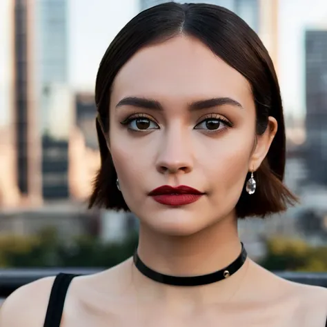 (Skin Texture, pores, natural,iPhone,RAW)), natural lighting, Highest Quality closeup Portrait photo of a pretty woman,black thin choker, clear lipgloss, Nikon Z9, realistic matte skin,  blurry city in the background, 8K, symmetric, whole face, olxcke,  <lora:olcooke_juggerX_xl_1_st_wocap_merger_97_99_66_028_042_03-olxcke:1>