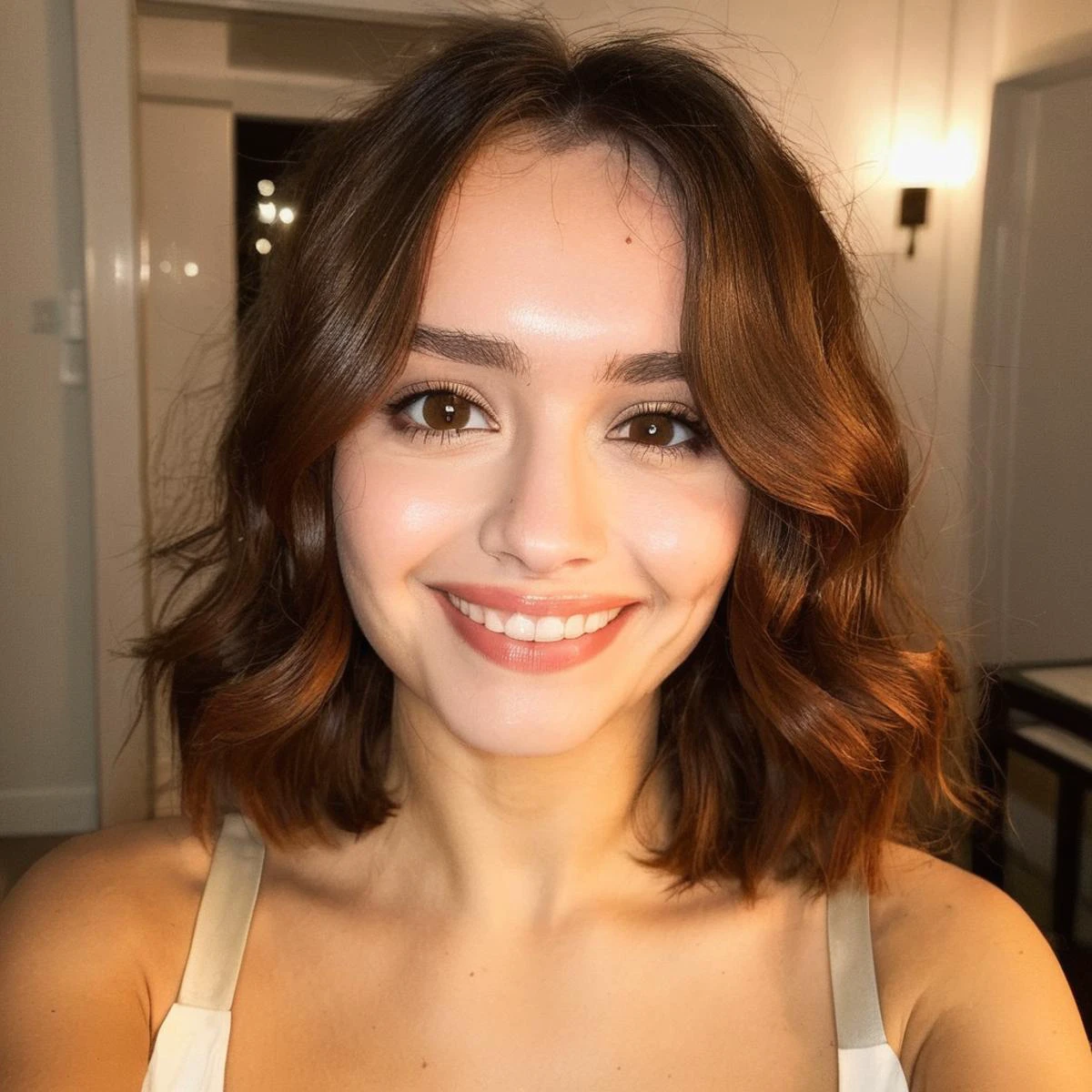 Super high res selfie, Natural lighting, dim lighting, Instagram closeup selfie of a woman with slightly wavy shoulder-length hair smiling, f/1.8, olxcke, <lora:olcooke_juggerX_xl_1_st_wocap_merger_97_99_66_028_042_03-olxcke:1.0>