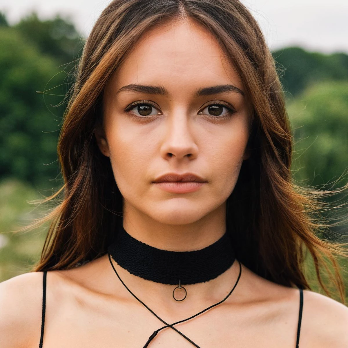 Skin texture, no makeup, Super high res closeup portrait photo of a stunning woman outdoors with straight hair, wearing a small string choker around her neck,f /2.8, Canon, 85mm,cinematic, high quality,looking at the viewer, olxcke, <lora:olcooke_juggerX_xl_1_st_wocap_merger_97_99_66_028_042_03-olxcke:1>