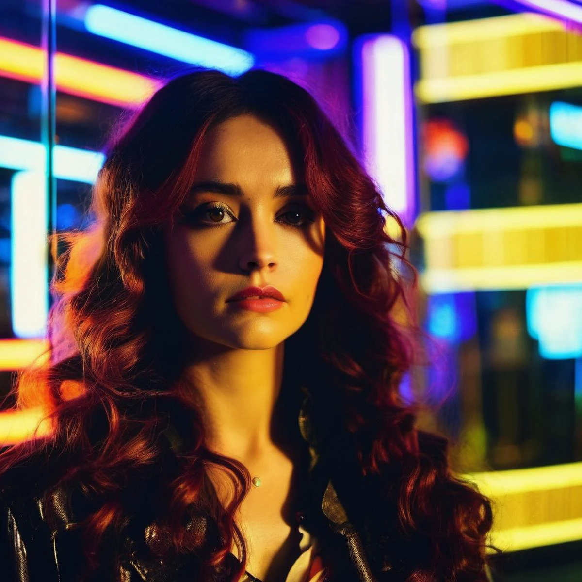 Photo of a woman with long wavy hair,portrait,kodachrome, neon,cyberpunk, olxcke, <lora:olcooke_juggerX_xl_1_st_wocap_merger_97_99_66_028_042_03-olxcke:1>