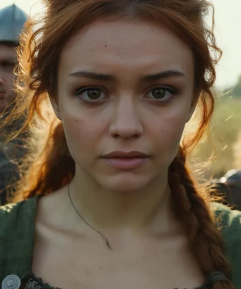 closeup cinematic head and shoulder portrait,beautiful woman is a Viking warrior in the battlefield standing next to her army,wearing a green dress,long beautiful brown hair,crying,medieval times,highly textured skin,detailed skin pores,atmospheric haze,cinematic still,high quality photography,mirrorless camera,dynamic lighting,movie screencap,moody,film,4k resolution,4k textures,<lora:olcooke_xl_1_standard_wo_cap:0.9>,