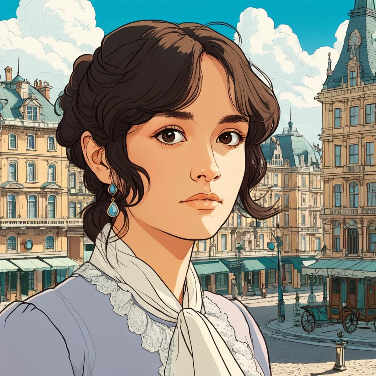 Studio ghibli style illustration of the face of a woman looking at the viewer with a victorian city square in the background, olxcke, <lora:olcooke_juggerX_xl_1_st_wocap_merger_97_99_66_028_042_03-olxcke:1>