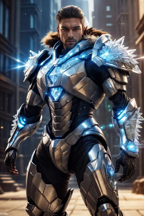 ic34rmor, wearing ice power armor, see-through, dynamic pose, ((fighting stance)), fantasy city background, outdoors, (face portrait), (extreme close up:1.2), helmet,, realistic, masterpiece, intricate details, detailed background, depth of field, photo of a man,