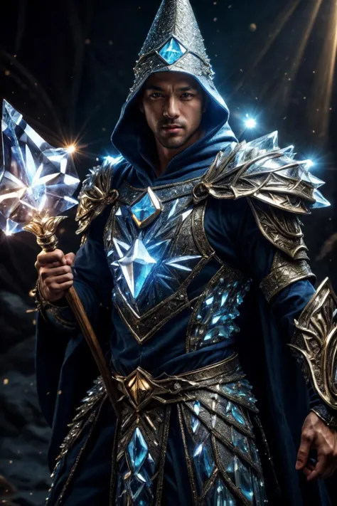 realistic, 8k, (masterpiece), (best quality), cinematic, dynamic lighting, soft shadow, highest detail, professional photography, detailed background, depth of field, insane details, finely detailed, (intricate details), aesthetic, detailed face, subsurface scattering, realistic hair, realistic eyes, muscular, photo of a handsome (japanese man), crystal4rmor, wearing crystal wizard armor, glowing, sparkle, lens flare, dynamic pose, fighting stance, fantasy background, holding staff, wizard hat, beard,
