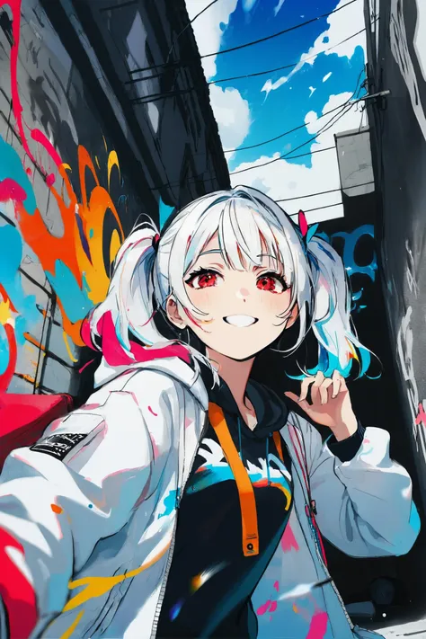 masterpiece,best quality,4k,cool,sexy,
graffiti,\(\(colorful\)\),\(combos & doodles\),\(an extremely delicate and beautiful girl\),8k wallpaper,\(\(masterpiece\)\),1girl,solo,dynamic,white hair,Twintails,red eyes,Crazy smile,paint in face,constricted pupils,white  jacket,\(\(splash paint,flow\)\),\(explode\),magnificent,blue sky,street,very wide shot,from below,\(chaotic geometric images\),perspective,