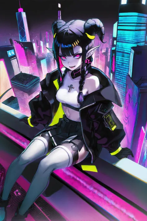 masterpiece,ultra best quality,1girl,solo,cyberpunk,(monster girl),pale_skin,tattoo,skinny,(black hair|pink hair:1.5),twin braids,forehead,eyeshadow,elf ears,earrings,(multicolored eyes,horizontal_pupils:1.4),fangs,small_breasts,evil smile,disgust,disdain,contempt,
future cloth,meme_attire,((white t-shirt,black fur-trimmed_coat)),(fluorescent clothing,transparent coat,pvc material cloth:1.6),bracelet,long gloves,pleated_skirt,(white thighhighs,character_print,cross-laced_footwear:1.5),(headgear,reclining,sitting,v:1.3),(cyberpunk city,top of a building,night:1.5),(cowboy_shot,close-up,aerial,from_above:1.4),