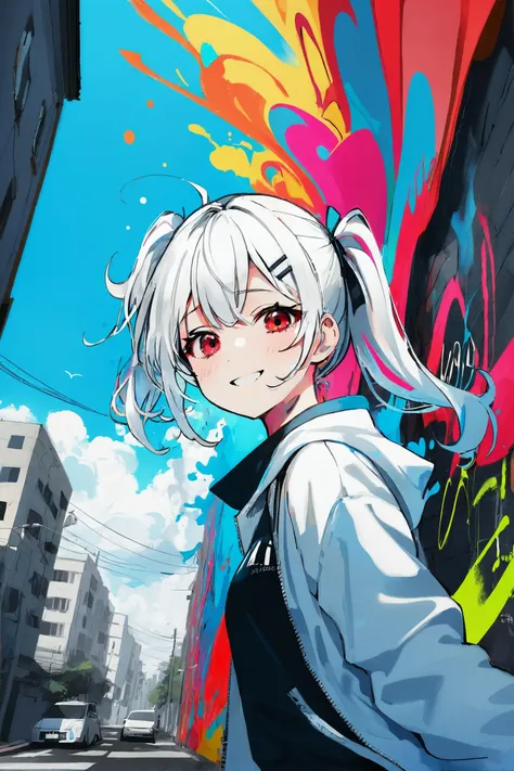 masterpiece,best quality,4k,cool,sexy,
graffiti,\(\(colorful\)\),\(combos & doodles\),\(an extremely delicate and beautiful girl\),8k wallpaper,\(\(masterpiece\)\),1girl,solo,dynamic,white hair,Twintails,red eyes,Crazy smile,paint in face,constricted pupils,white  jacket,\(\(splash paint,flow\)\),\(explode\),magnificent,blue sky,street,very wide shot,from below,\(chaotic geometric images\),perspective,