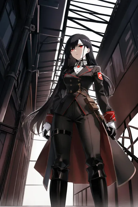 steampunk,1girl,solo,(spy,agent:1.5),pale_skin,(slender:1.4),black hair,long hair,straight_hair,black eyeshadow,tattoo,red eyes,+_+,(black ss_uniform/nazi_uniform,,function adapted_uniform,winter_coat:1.4),black armi pants,leather_boots,pendant,(dark_persona,gloom,yandere),(standing:1.5),
(1980s anime,synthwave,Cinematic Lighting,Tyndall effect,cowboy shot,from below,dutch angle,looking_to_the_side,strong rim light,rim light,ray tracing:1.2),
(masterpiece),(ultra best quality),(high resolution),delicate composition,