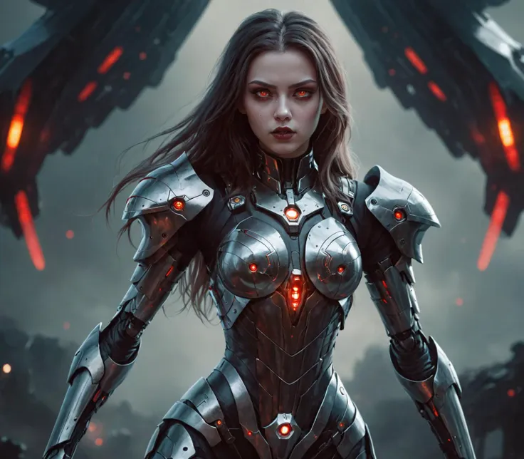 mentixis girl wearing cybernetic armor, beautiful face, beautiful detailed eyes, (amber eyes:0.8), piercing, looking at viewer, long hair, beautiful detailed legs, battle stance, spaceship bridge, dark background, blurred background,  trending on artstation, looking at viewer <lora:mentixis:1> Goth girl 1girl <lora:Goth_girl-v2S:0.8> dark red lipstick